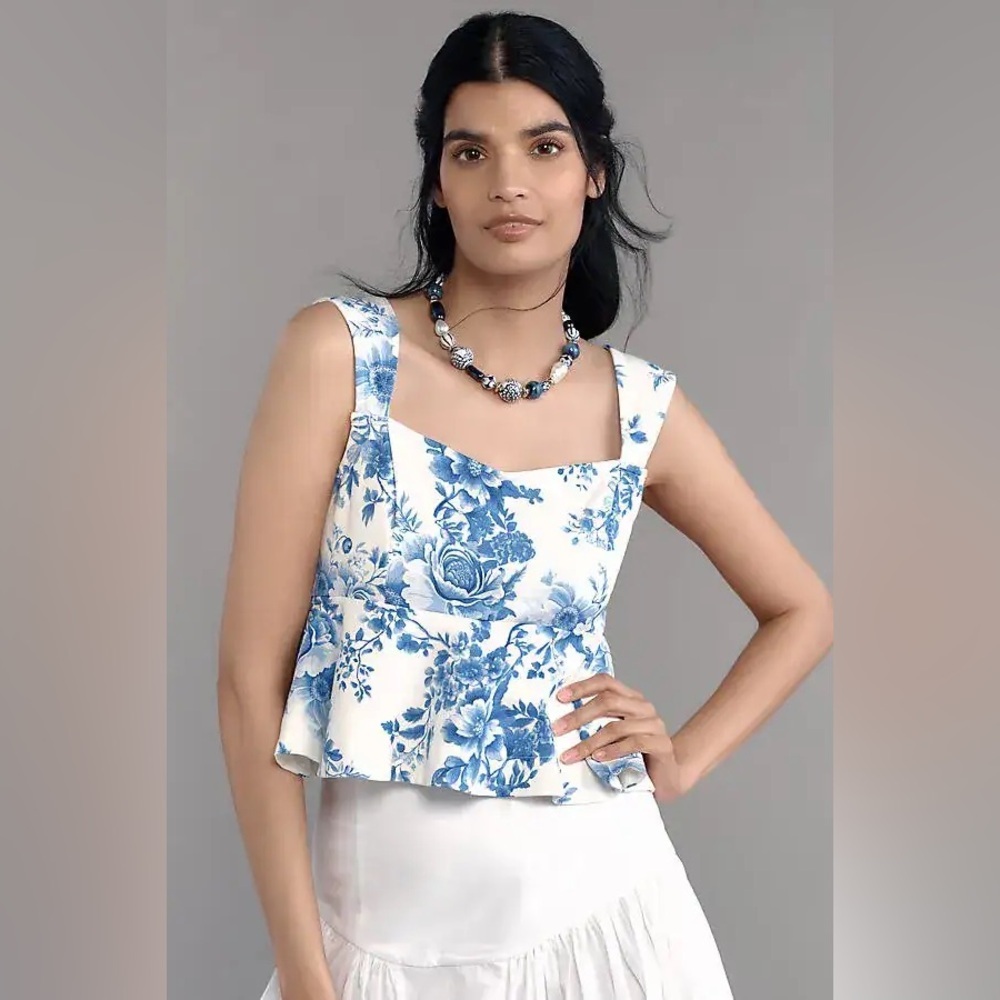 MAEVE Square-Neck Peplum Tank Top - Blue Pattern by Anthropologie. NWOT!